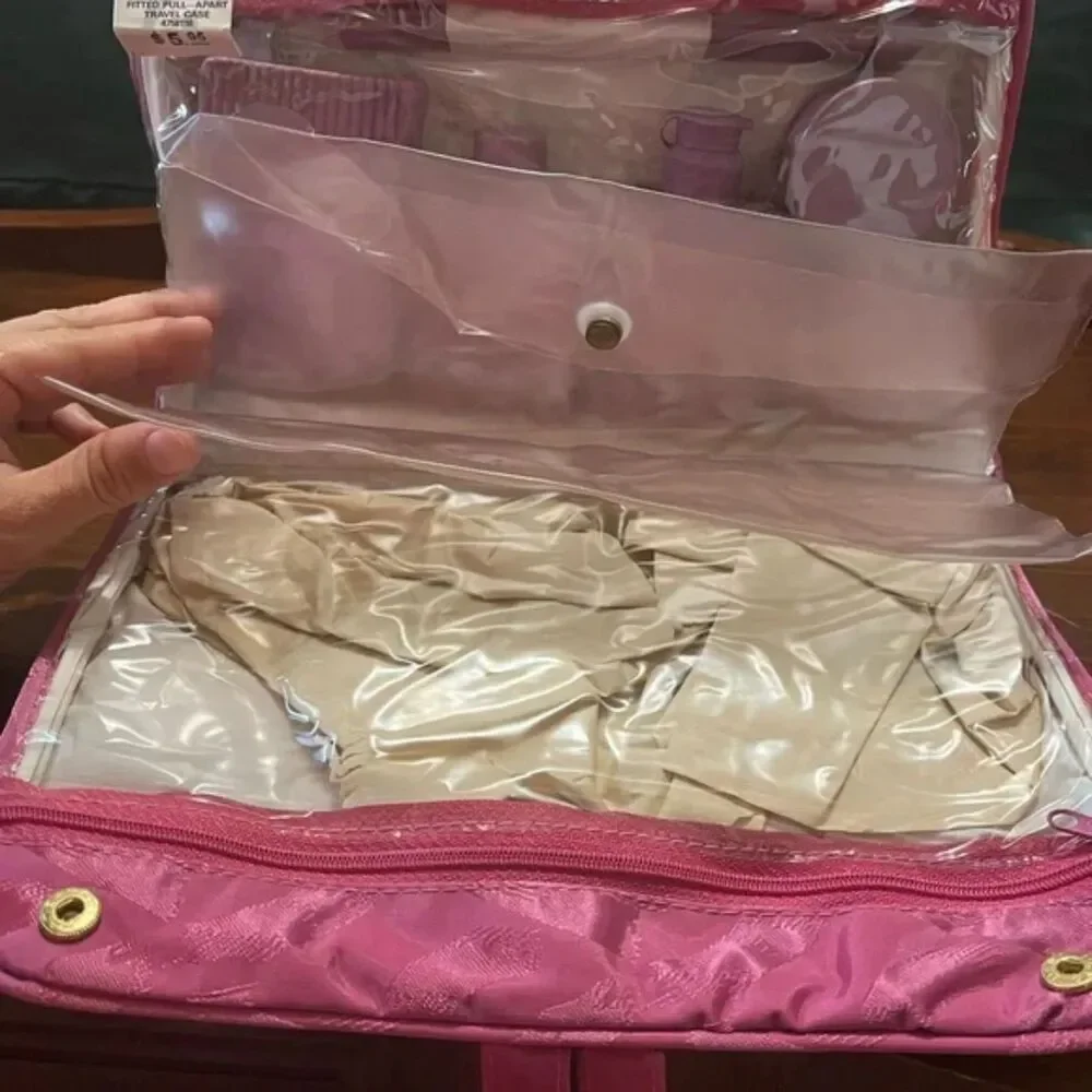 Vintage 60s/70s Satin Travel Toiletry Set NOS Complete Fuchsia Pink Hanging Bag